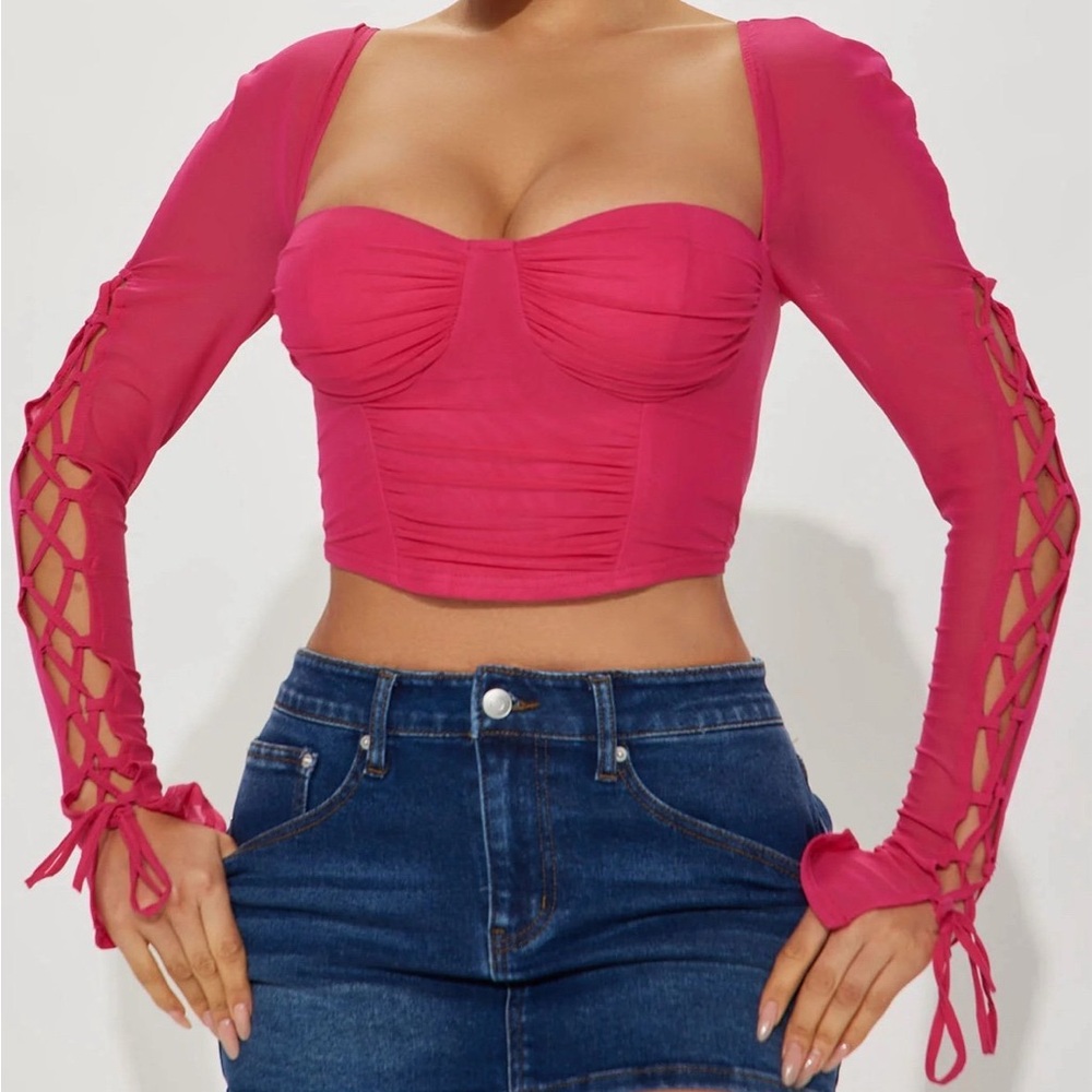 Hot Pink Corset Mesh Cut Out Sleeve Top